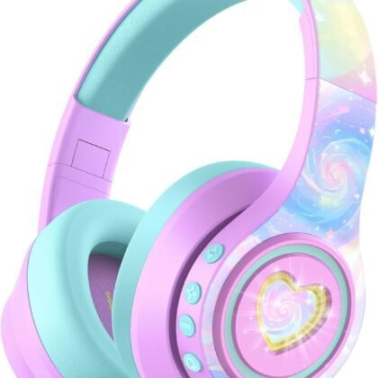 iClever Auraa Active Noise Cancelling Headphones for Kids, LED Light Up, Bluetooth 6.0, Safe Volume 80dBA, 47H Play Time,Fast Charging,Kids Headphones Wireless with Mic AUX Cord for Travel iPad,Purple