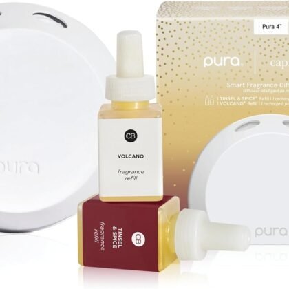 Capri Blue x Pura 4 - Smart Fragrance Diffuser Plug in Kit - Includes 1 Pura Diffuser + 2 Fragrance Refill Vials - Long Lasting Scents - LED Light - 2.4 GHz WiFi Required (Tinsel & Spice + Volcano)