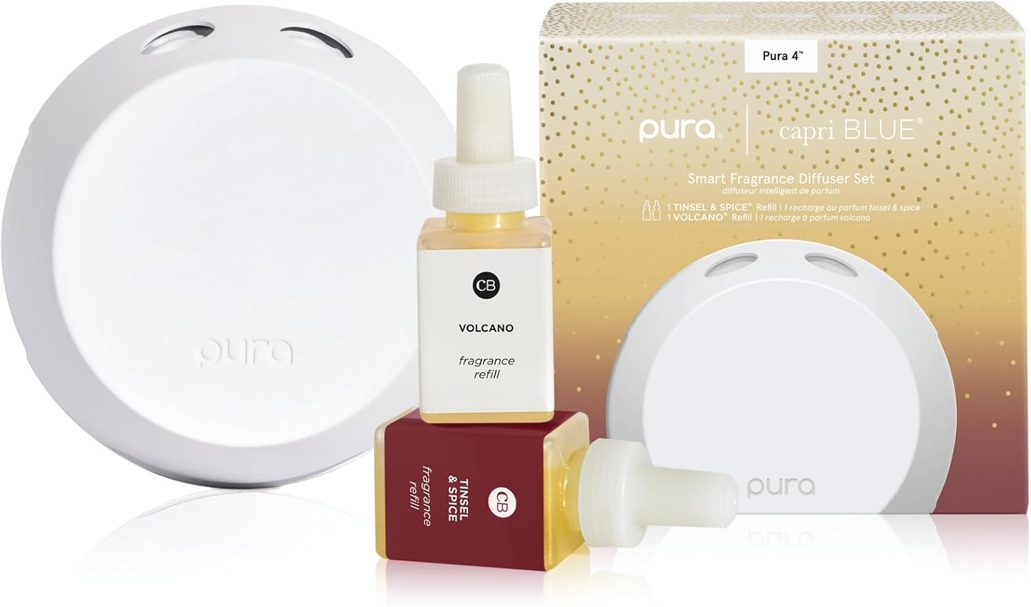 Capri Blue x Pura 4 - Smart Fragrance Diffuser Plug in Kit - Includes 1 Pura Diffuser + 2 Fragrance Refill Vials - Long Lasting Scents - LED Light - 2.4 GHz WiFi Required (Tinsel & Spice + Volcano)
