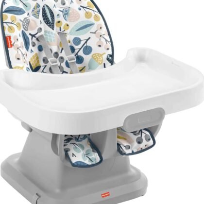 Fisher-Price SpaceSaver High Chair Navy Foliage, portable infant-to-toddler dining chair and booster seat with easy clean up features