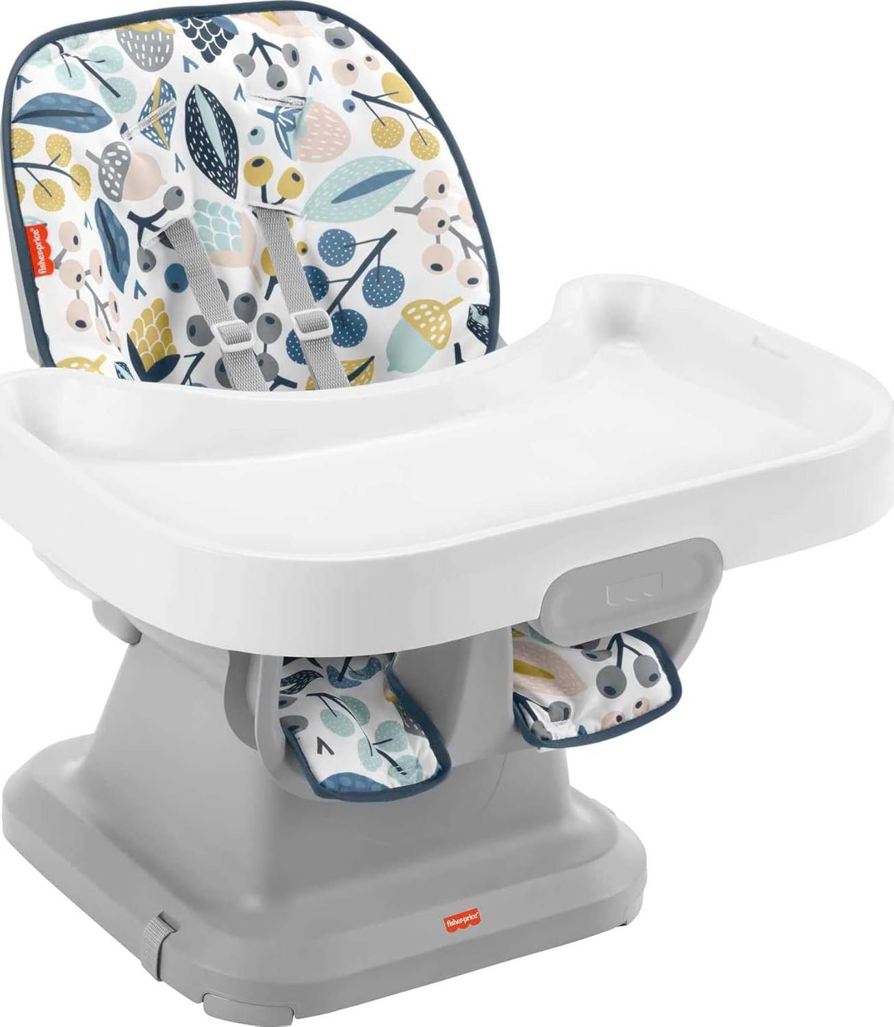 Fisher-Price SpaceSaver High Chair Navy Foliage, portable infant-to-toddler dining chair and booster seat with easy clean up features