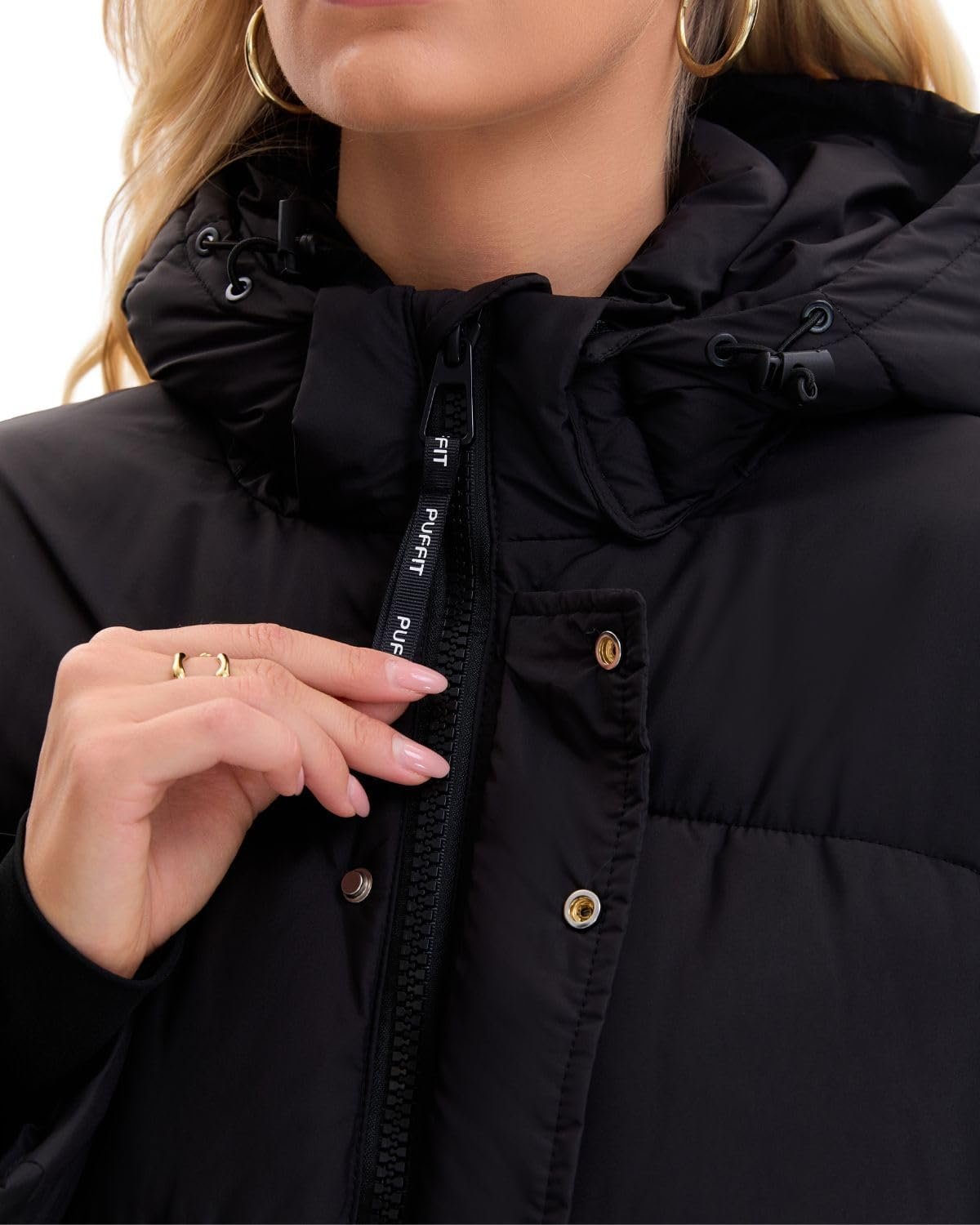 PUFFIT Women Mid Lenth Puffer Jacket, Warm Thicken Hooded Winter Coats, Windproof Long Sleeve & Hood,3 Pockets - Image 4