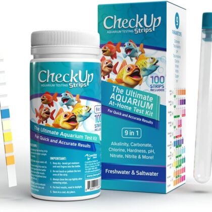 CheckUp Aquarium Test Strips | Test Kit for Freshwater, Saltwater, Pond, Fish Tank | 9 Parameters Test for Iron, Copper, Nitrite, Nitrate, Chlorine, Hardness, pH, Alkalinity and Carbonate | 100 Strips