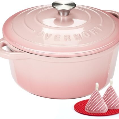 Overmont Enameled Cast Iron Dutch Oven - 5.5QT Pot with Lid Cookbook & Cotton Potholders - Heavy-Duty Cookware for Braising, Stews, Roasting, Bread Baking pink