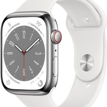 Apple Watch Series 8 (GPS + Cellular, 45MM) Silver Stainless Steel Case with White Sport Band (Renewed)