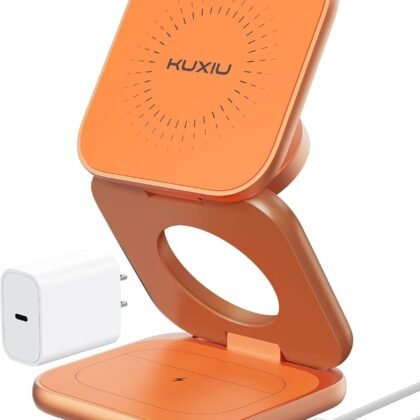 KU XIU Qi2.2 25W Magnetic Wireless Charger, Foldable 3 in 1 Travel Charging Station for iPhone 17/16/15/14/13/12, 5W for Apple Watch & AirPods, Aluminum Alloy Design, 45W GaN Adapter Included, Orange