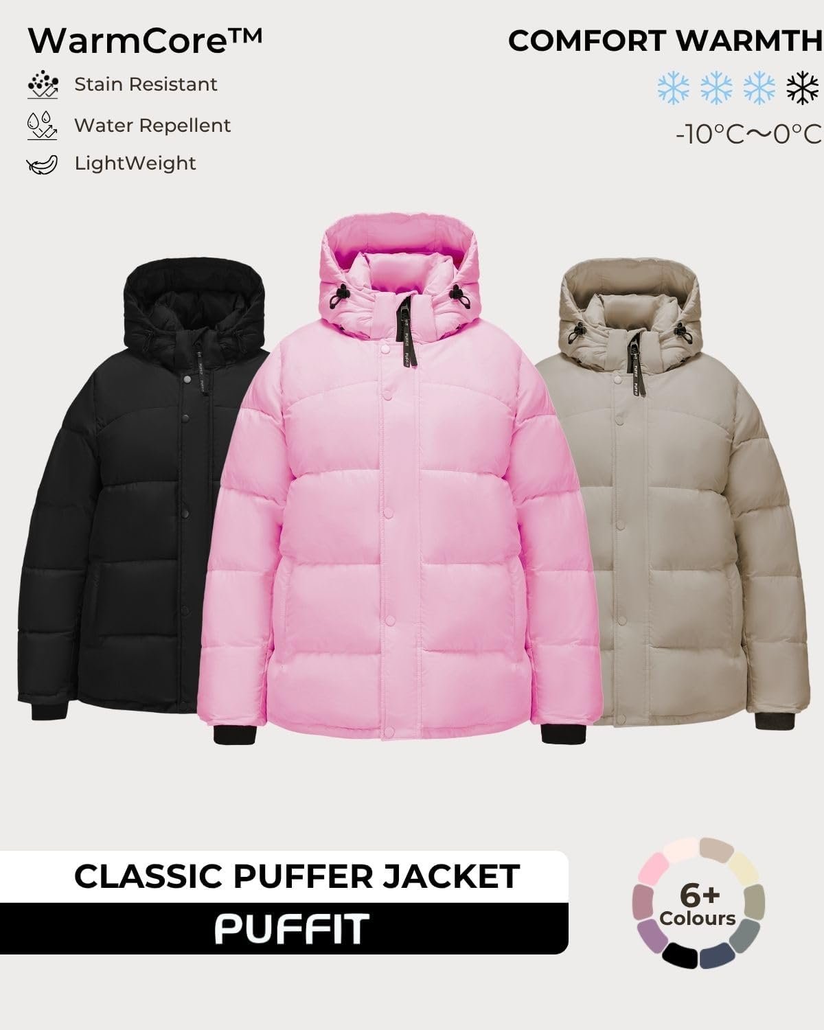 PUFFIT Women Mid Lenth Puffer Jacket, Warm Thicken Hooded Winter Coats, Windproof Long Sleeve & Hood,3 Pockets - Image 5