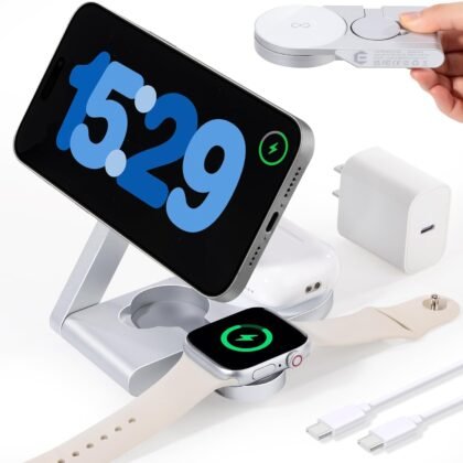 2026 3 in 1 Wireless Charging Station Mag-Safe Fast Charging Station for Apple MagSafe Charger, with USB C Charger, Foldable Charging Magnetic Wireless Charger Stand, Space Aluminum Travel Charger