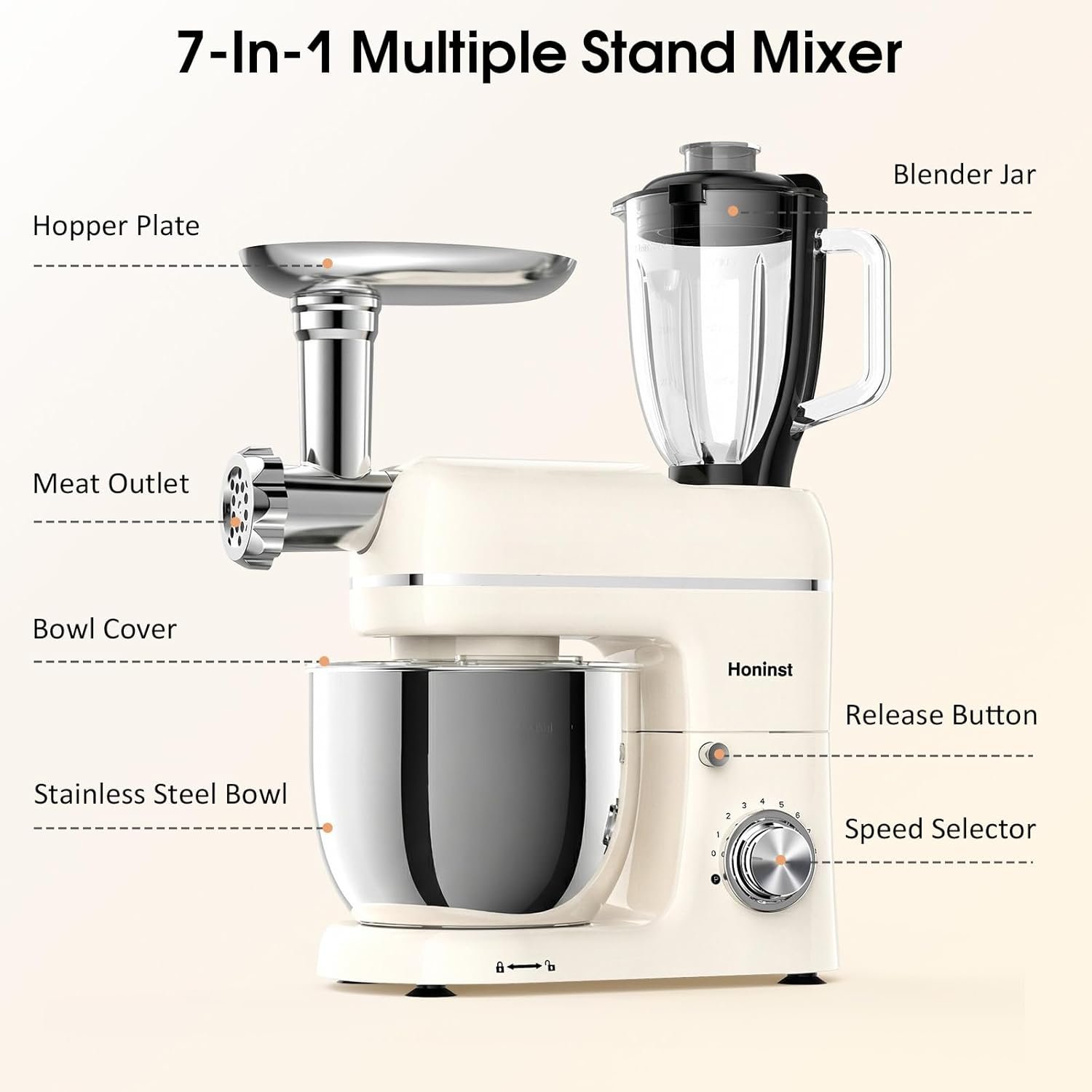 Stand Mixer, 7-IN-1 6.5QT 660W Multifunctional Electric Kitchen Mixers with Blender, Meat Grinder, Dough Hook, Whisk and Beater, 8-Speed Food Mixer for Baking, Cooking, Food Processing, Beige - Image 2