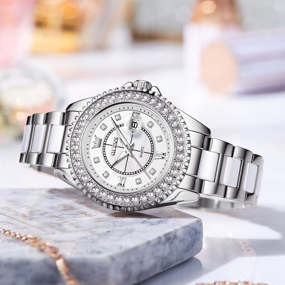 OLEVS Watches for Women Diamond with Date Luxury Leather Female Waterproof Women Wrist Watch Analog Dress Stainless Steel Ladies Watch Luminous Calendar Women Watch Green/Silver/Red Dial - Image 2