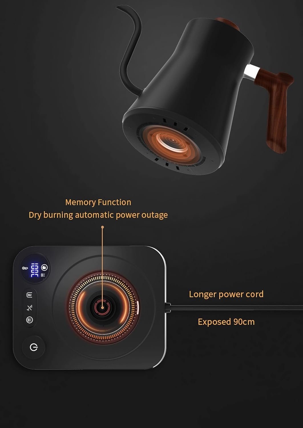 Electric Kettles, Gooseneck Electric Kettle, ±1℉ Temperature Control, Stainless Steel Inner, Quick Heating, for Pour Over Coffee, Brew Tea, Boil Hot Water, 0.9L (Black) - Image 7