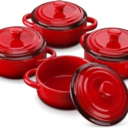 LOVECASA Mini Cocotte Set,12 OZ Small Casserole Dishes with Lids, Soup Bowls With Handles,Individual Baking Ramekins,Oven, Microwave & Dishwasher Safe,Set of 4,Red