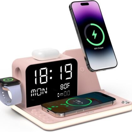 Acer 7-in-1 Wireless Charging Station with LED Clock - 30W Fast Wireless Charger for iPhone 16/15/14/13/12/Pro Max, Apple Watch, AirPods - Bluetooth Auto Time Sync & Night Lights (Pink)