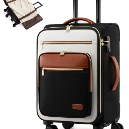 LOVEVOOK Carry on Suitcase 22x14x9 Airline Approved,20 inch Lightweight Waterproof Suitcases with 360° silent swivel wheels, TSA Lock and Compartment, Large Capacity travel Suitcase Black-White-brown