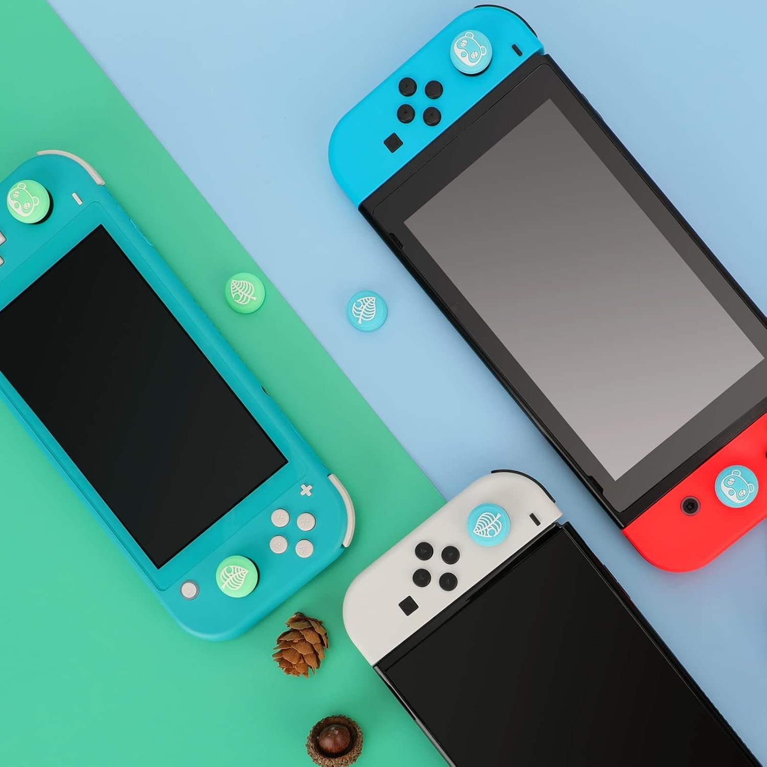 Tscope Cute Thumb Grip Caps for Nintendo Switch/Lite/OLED Controller, for Animal Crossing Kawaii Leaf Joystick Analog Soft Silicone Button Stick Covers for NS Joy Cons (Leaf Raccoon) - Image 2