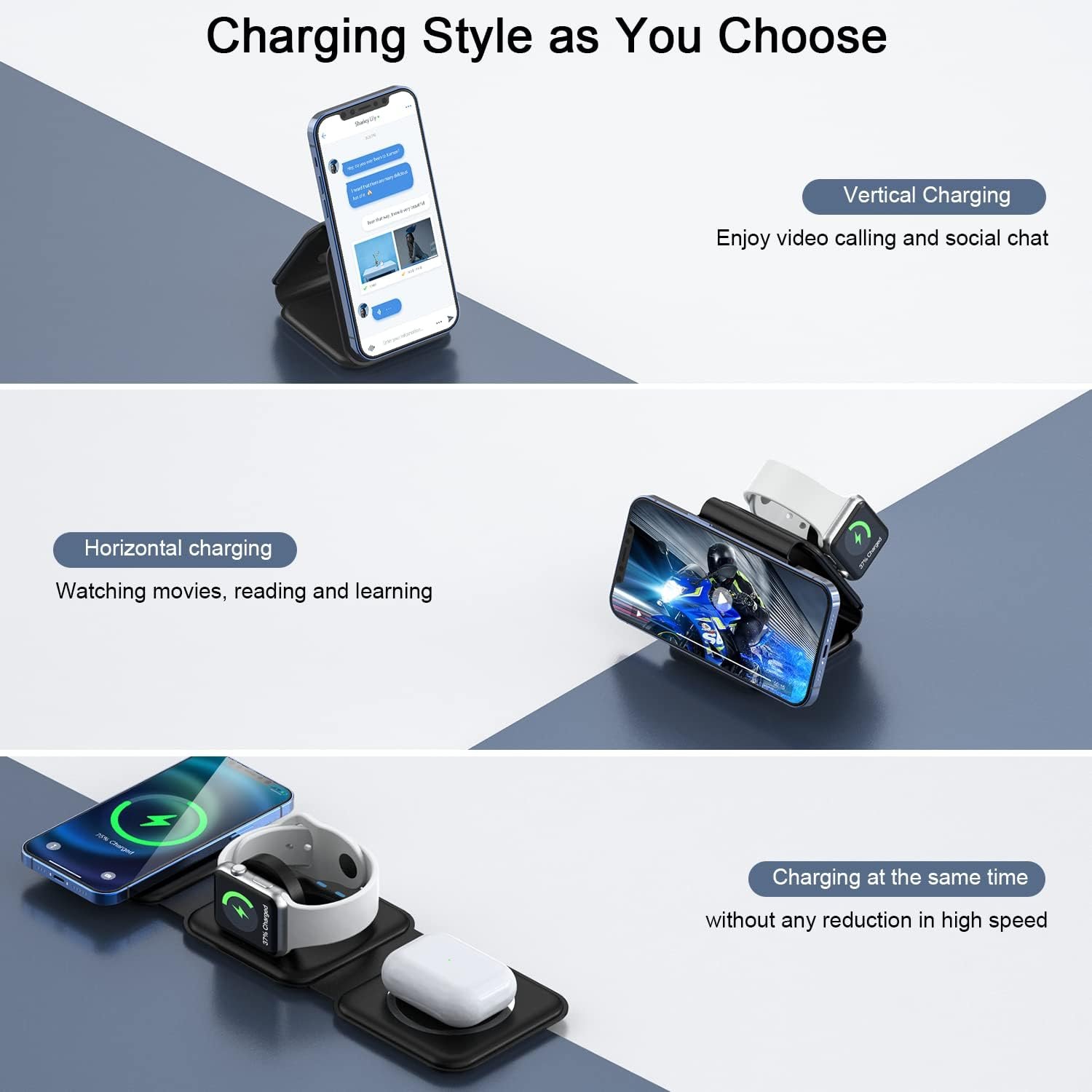 Wireless Charger 3 in 1,RTOPS Magnetic Travel Wireless Charging Station Multiple Devices,GaN 3 in 1 Charging Station,Compatible for iPhone16/15/14/13/Pro/Max,iWatch,AirPods4/3/2/Pro(Adapter Includes) - Image 2