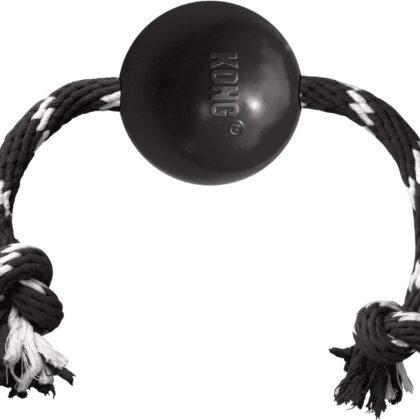 KONG Extreme Ball with Rope - Dog Fetch Toy with Rope for Easy Throwing - Durable Dog Ball Toy for Tug, Playtime & More s Most Durable Natural Rubber - Black - for Large Dogs