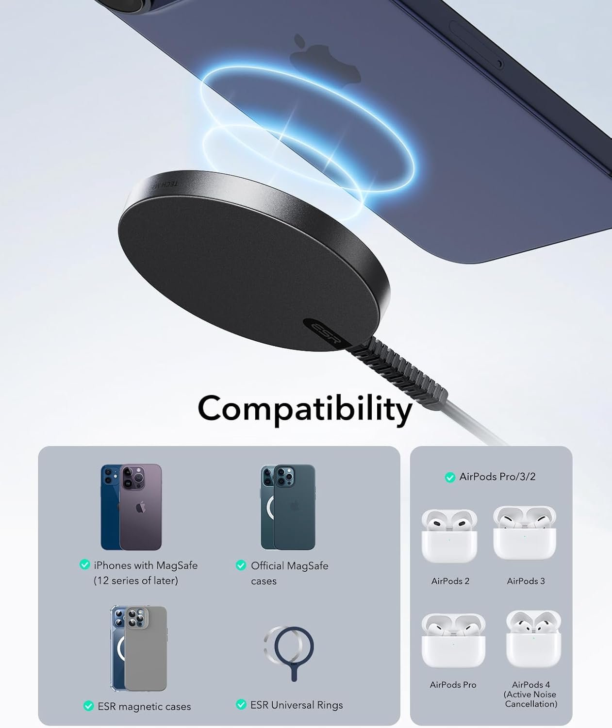 ESR for MagSafe Charger 15W Wireless Charger for iPhone 17/16/15/14/13/12 Apple Magnetic Charging Pad for AirPods 4/3/Pro/Pro 2 Galaxy S25 Series with Dual USB C Ports, Black - Image 7