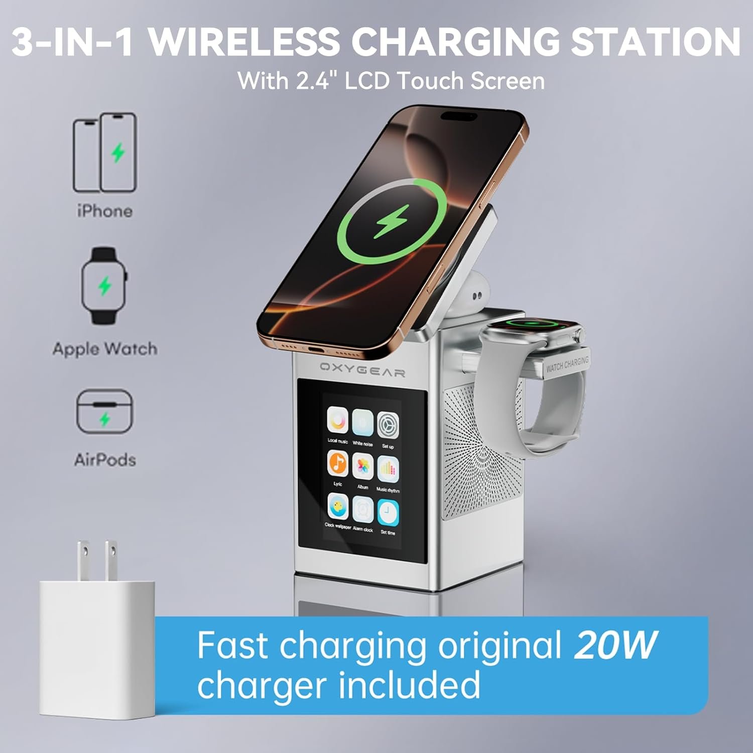 3-In-1 Wireless Charging Station LCD Touch Screen with Bluetooth 5.3 Speaker, Digital Alarm Clock, Qi MagSafe Charger for iPhone iWatch AirPods, 20W Adapter, Suitable for Home, Office & Travel, Sliver - Image 2