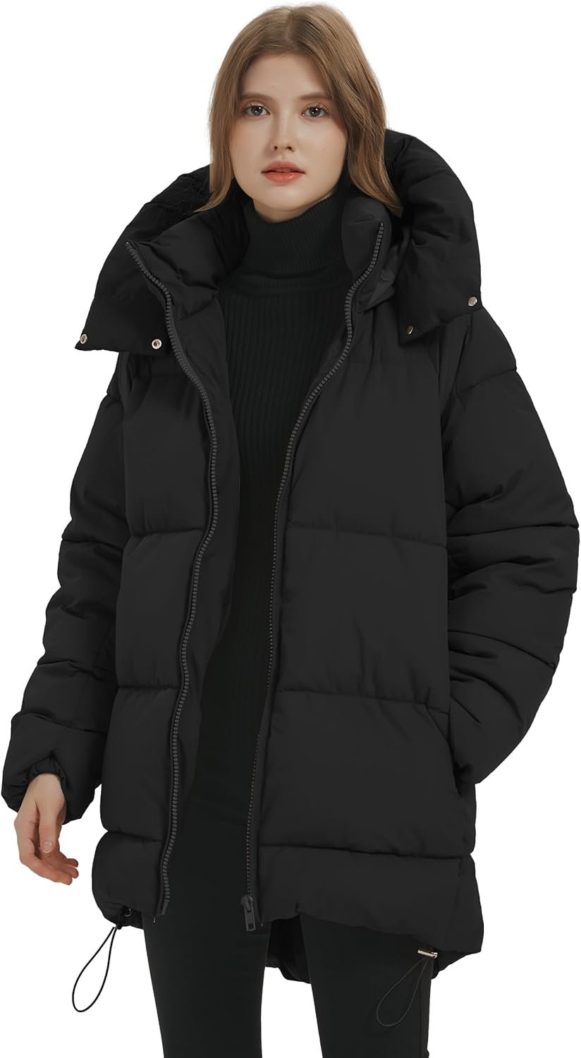 PEHMEA Women Mid-Length Puffer Hooded Jacket Winter Padded Warm Coat Thicken Outerwear Coats