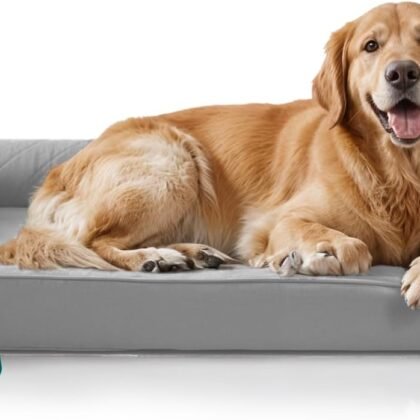 FurHaven Cooling Gel Dog Bed for Large Dogs, L-Shaped Chaise with Cool Gel-Top Foam with a Solid Orthopedic Foam Base for Joint Support, Removable Washable Cover, Jumbo XL, Plush & Suede, Stone Gray