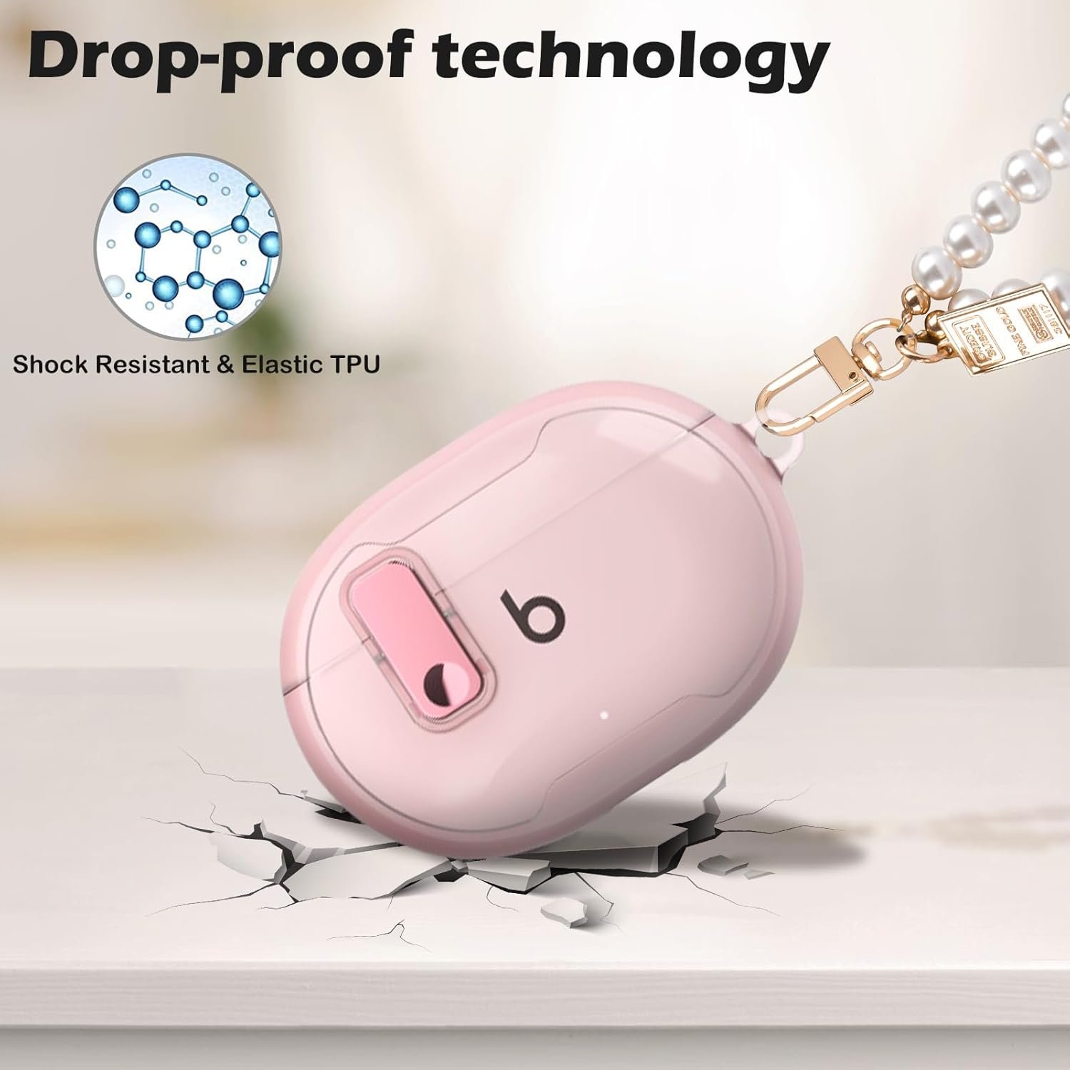 CameCosy for Beats Studio Buds/Buds + Case with Secure Lock Clip Design for Women, Soft TPU Bumper Shockproof Cover for Beat Studio Buds with Pearl Bracelet Keychain-Clear Pink - Image 3