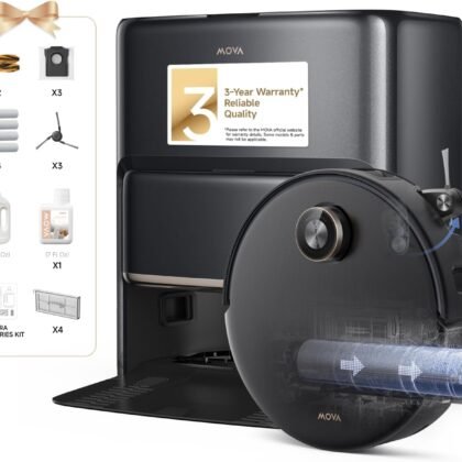 Mova Z60 Ultra Roller Complete Robot Vacuum and Mop, 28,000Pa Suction, 3.14in Obstacle Crossing, AutoShield for Carpet Protection, Zero Tangling Duobrush, Extendable Roller & Side Brush