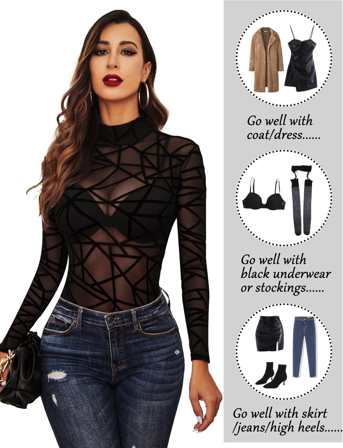 Avidlove Long Sleeve Bodysuit for Women Turtleneck Sheer Mesh Bodysuit Geo Print Leotards - Image 6