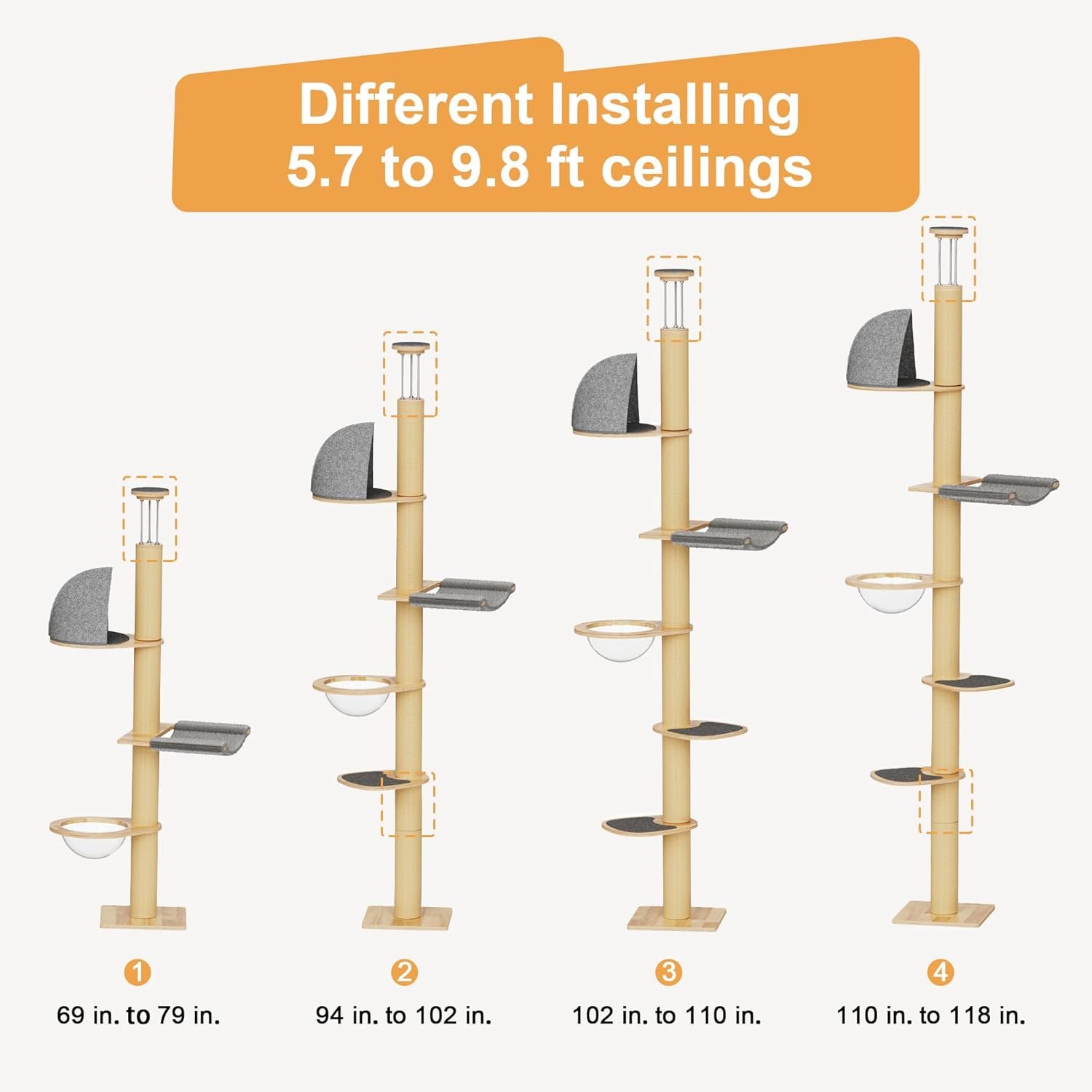 FUKUMARU Floor to Ceiling Cat Tree, 6 Level Adjustable Height (5.7-9.8 ft) Climbing Tower with Thickened Scratching Posts, Cats Activity Center with Transparent Capsule and Cozy Hammock - Image 8