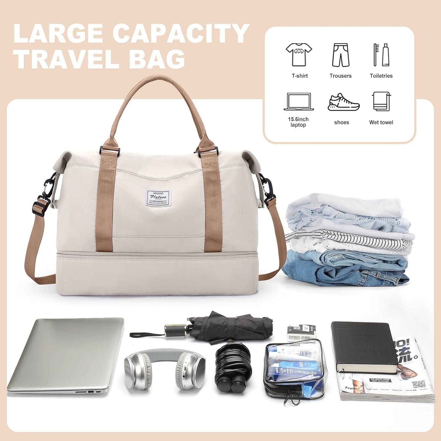 Weekender Bags for Women, Travel Duffel Bags with Shoe Compartment,Personal Item Travel Bag for Airlines, Carry on Overnight Tote Bag for Women with Toiletry Bag,Beige&Brown - Image 4