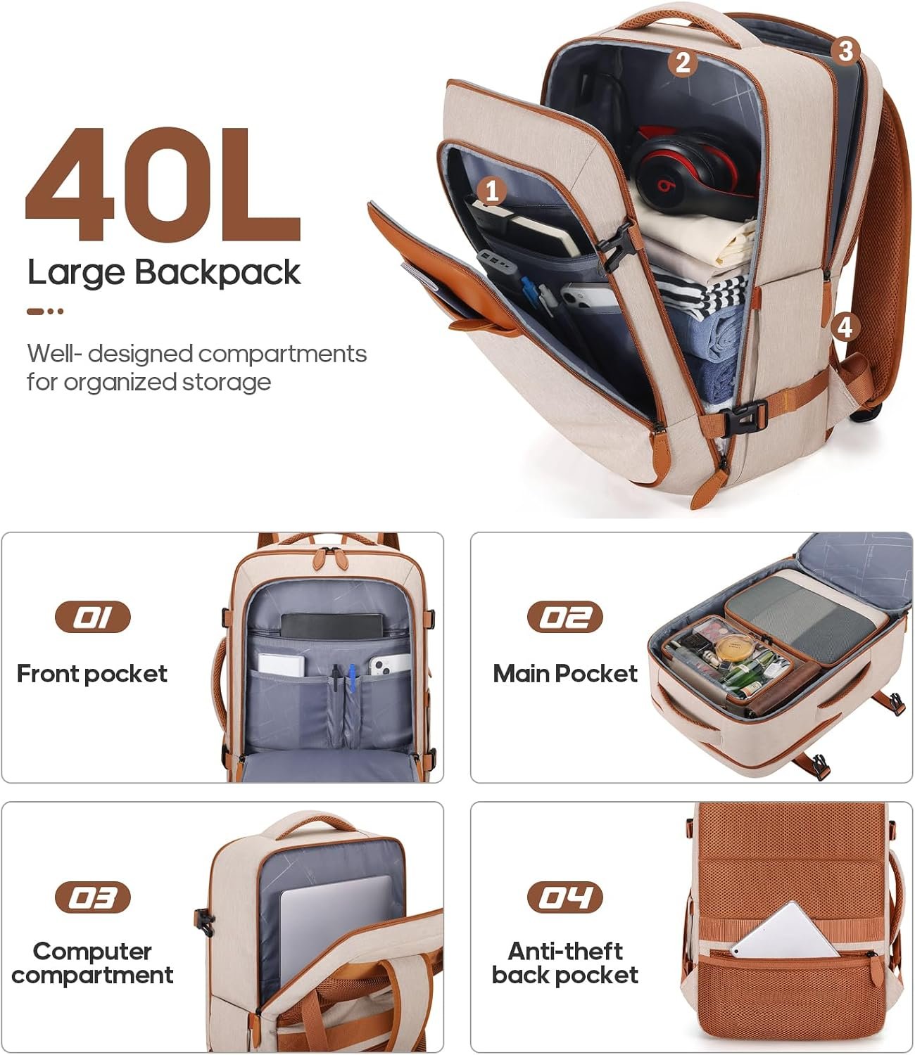 UKEIN Luggage Sets 3 Piece, Carry On Luggage 20In With Spinner Wheels,PC Hardside Suitcase Set with TSA Lock,Durable Carry On Suitcase With Travel Backpack for Men (Beige, 3 piece set (20inch)) - Image 5