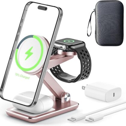 Wireless Charger 3 in 1,Foldable Wireless Charging Station for Apple MagSafe Charger,Aluminum Portable Magnetic Travel Charger Stand for iPhone,Watch,Aipods (with 20W Adapter & Case)