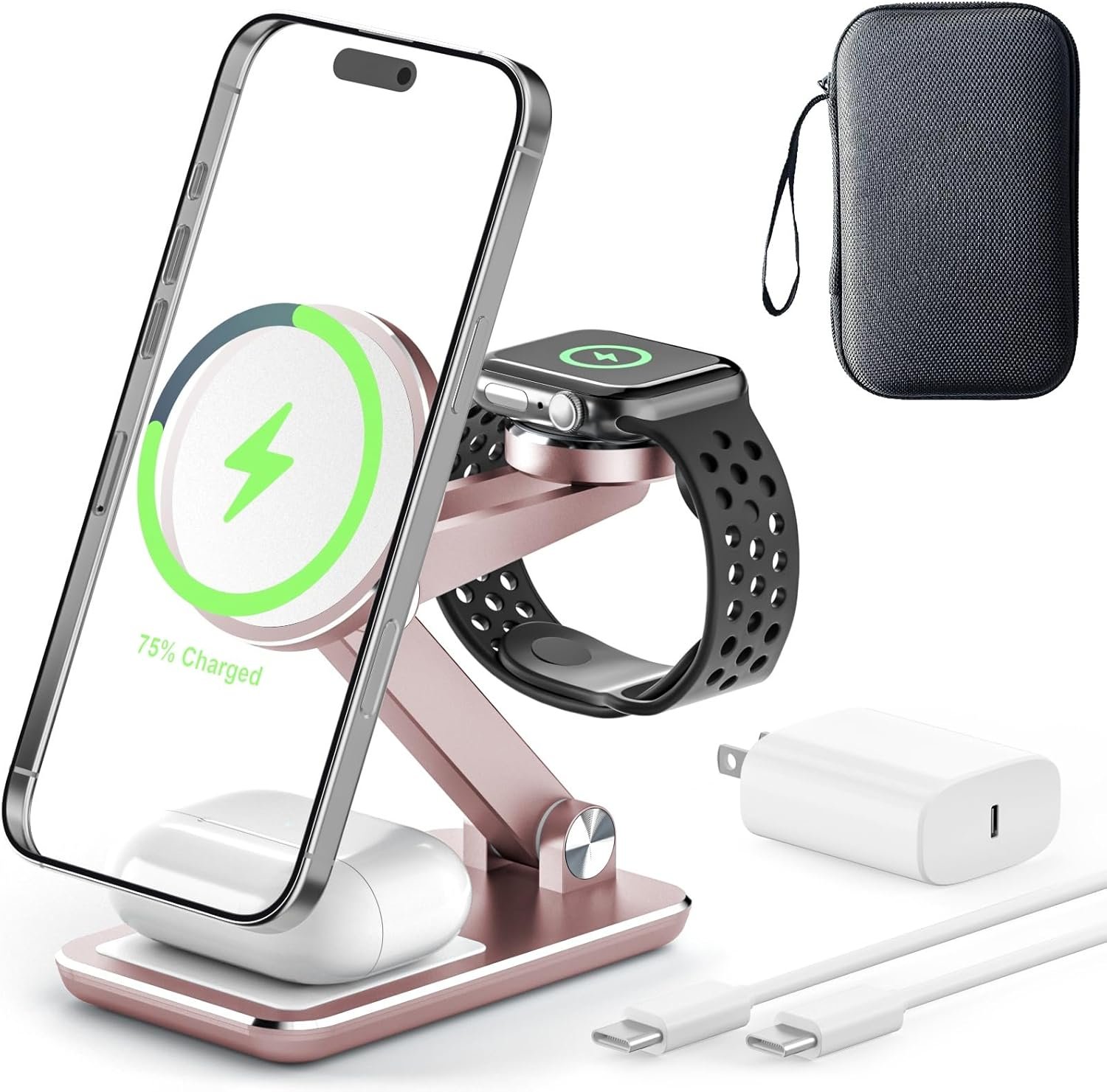 Wireless Charger 3 in 1,Foldable Wireless Charging Station for Apple MagSafe Charger,Aluminum Portable Magnetic Travel Charger Stand for iPhone,Watch,Aipods (with 20W Adapter & Case)