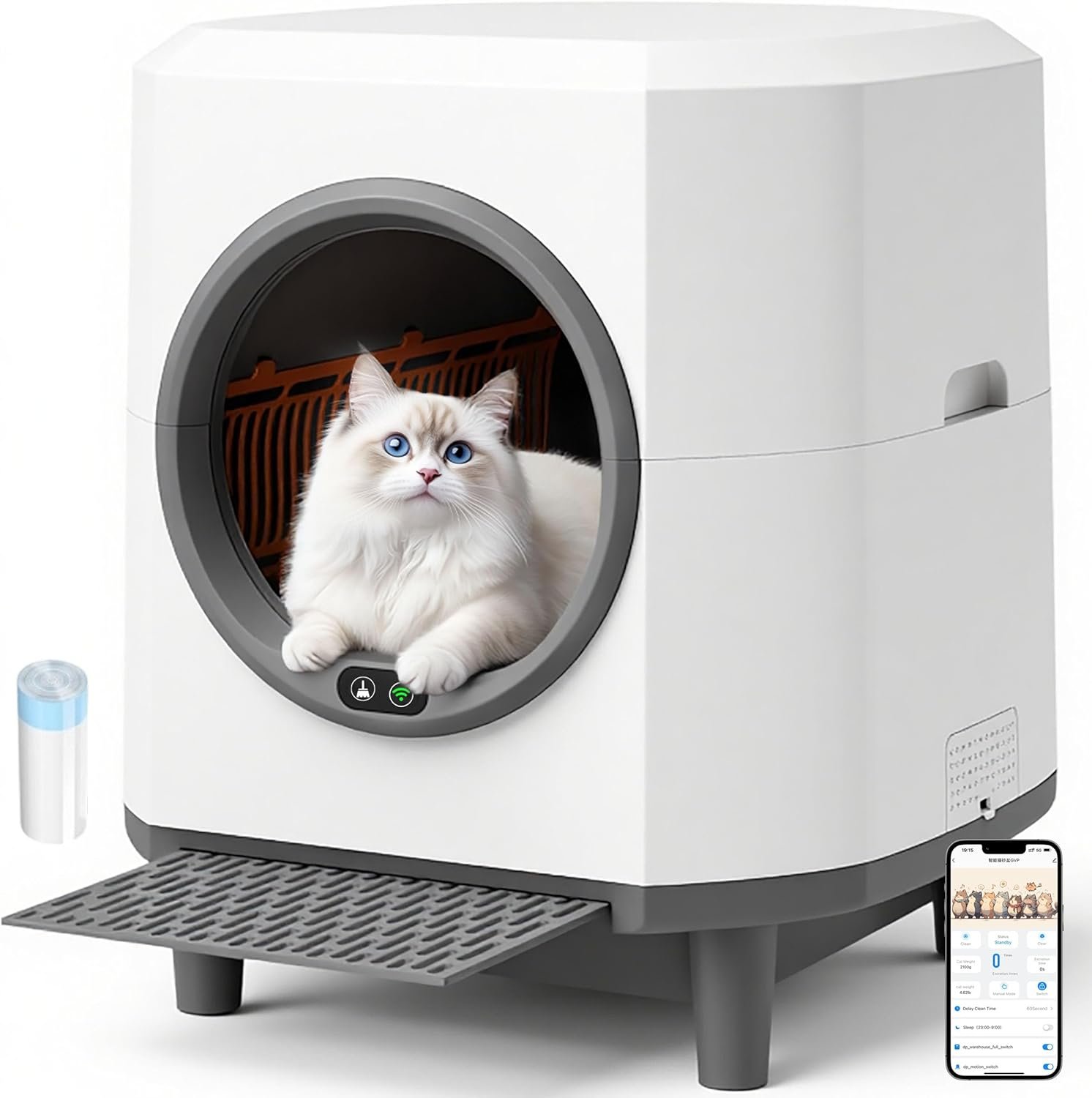 Self Cleaning Litter Box for Multiple Cats,90L Automatic Cat Litter Box Self Cleaning App-Controlled,Dual Safety Protection,1 Rolls Garbage Bags,White