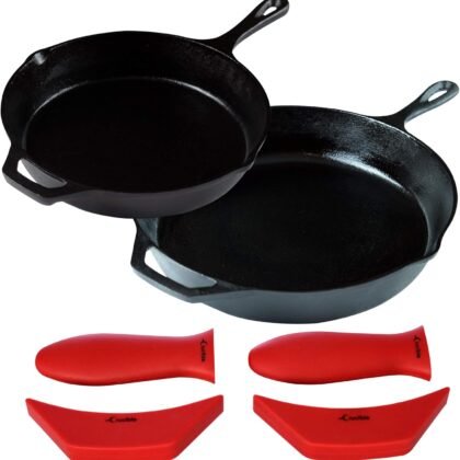 12-Inch & 10.25-Inch Cast Iron Skillet Set (Pre-Seasoned), Including Large & Assist Silicone Hot Handle Holders | Indoor & Outdoor Use