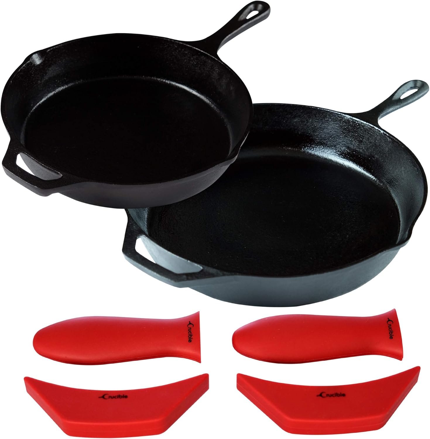 12-Inch & 10.25-Inch Cast Iron Skillet Set (Pre-Seasoned), Including Large & Assist Silicone Hot Handle Holders | Indoor & Outdoor Use