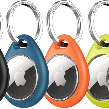 UNBREAKcable for Apple AirTag Holder - 4 Pack [Fit Tightly Design] [Easy to Install] [Hold Air Tag Securely] Waterproof TPU Shell Protective Case with 304 Stainless Steel Keychain Key Ring