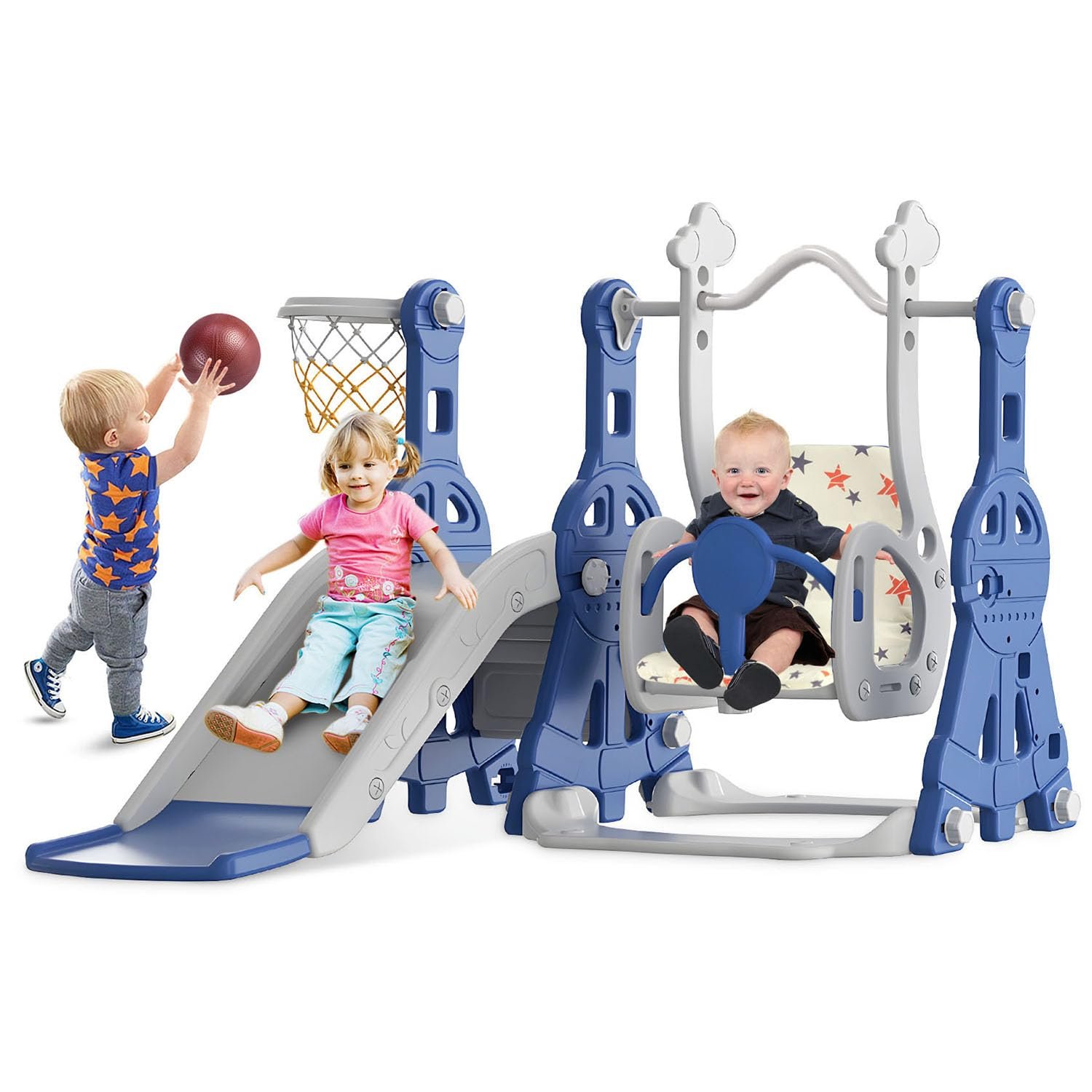 BIERUM 4 in 1 Toddler Slide and Swing Set, Baby Slide for Toddlers Age 1-2, with Basketball Hoop, Indoor Outdoor Toddler Playset Blue