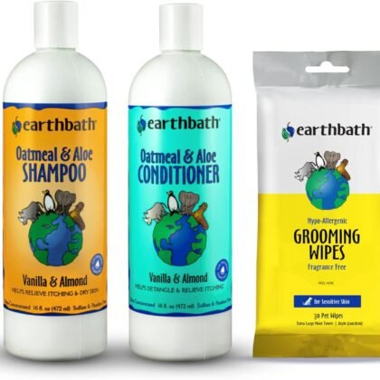 earthbath, Oatmeal & Aloe Dog Shampoo and Conditioner Set & Hypo-Allergenic Grooming Wipes - Oatmeal Shampoo for Dogs, Fragrance Free Dog Wipes for Paws and Butt, Cruelty-Free - 16 Oz Each, 30 Wipes