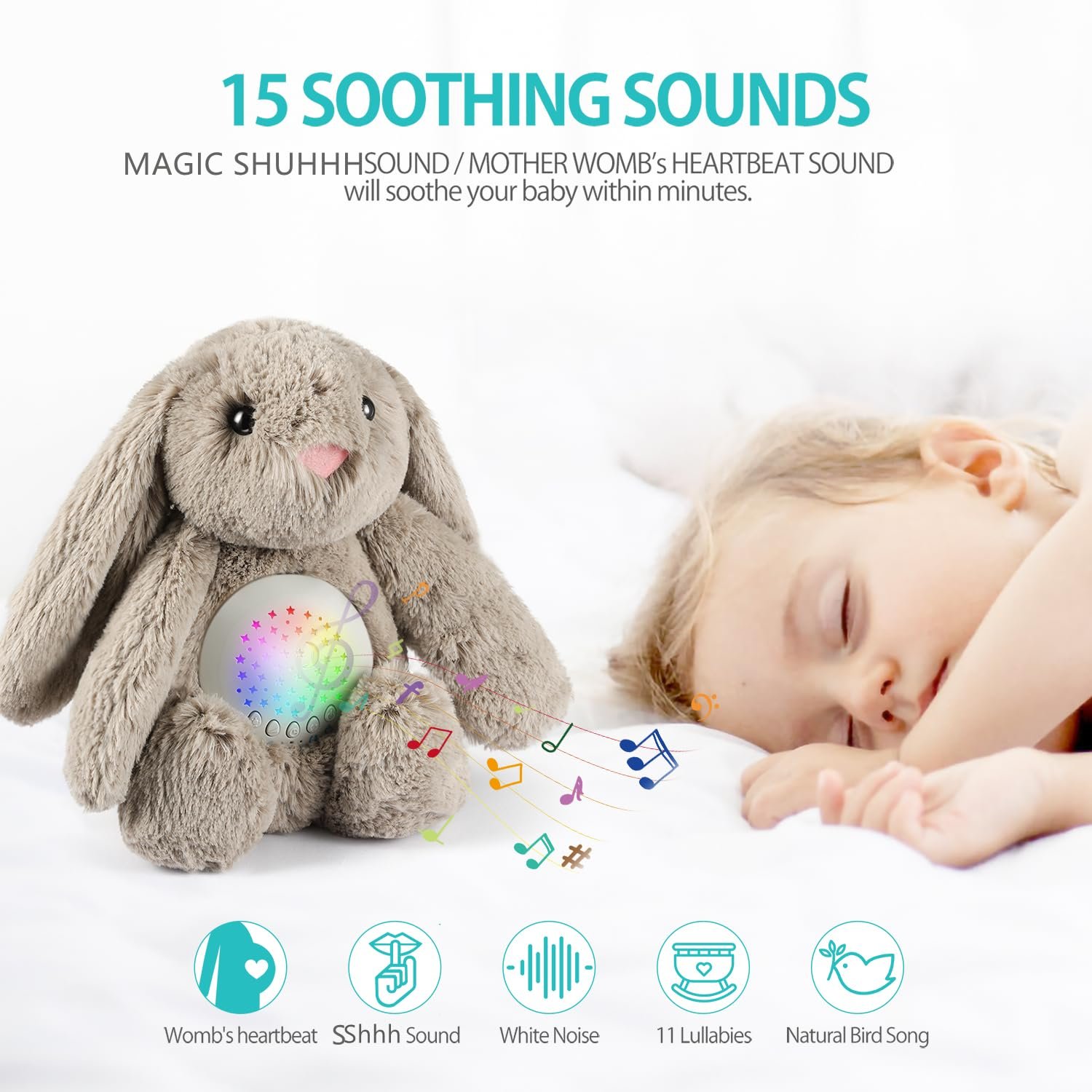 BEREST Baby Sleep Soother Bedtime Bunny with Starry Projector Night Light, Plush Stuffed Animal for Newborn Infants, Lullaby Music, White Noise, Mother's Heartbeat for Boys & Girls Shower Gifts - Image 2