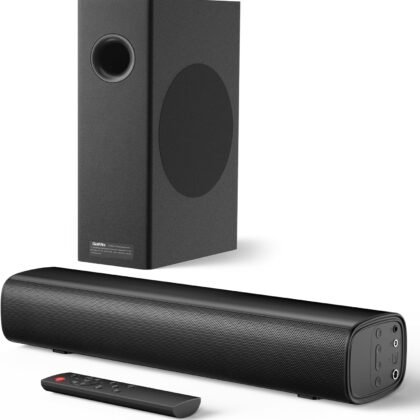 Saiyin Soundbar with 4'' Subwoofers - 70W Rounded-Edge Subwoofer & Compact Soundbar for TV, 2.1 Audio Enhanced Surround Sound System for TV, Bluetooth/Optical/AUX Connection for TV/PC