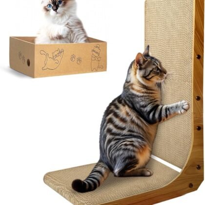 AGYM Cat Scratcher, 26 inch L Shape Cat Scratching Pad for Indoor Cats, Durable Sustainable Cardboard Scratcher with Box, Recyclable Vertical Cat Scratch Pad to Protect Furniture, Large