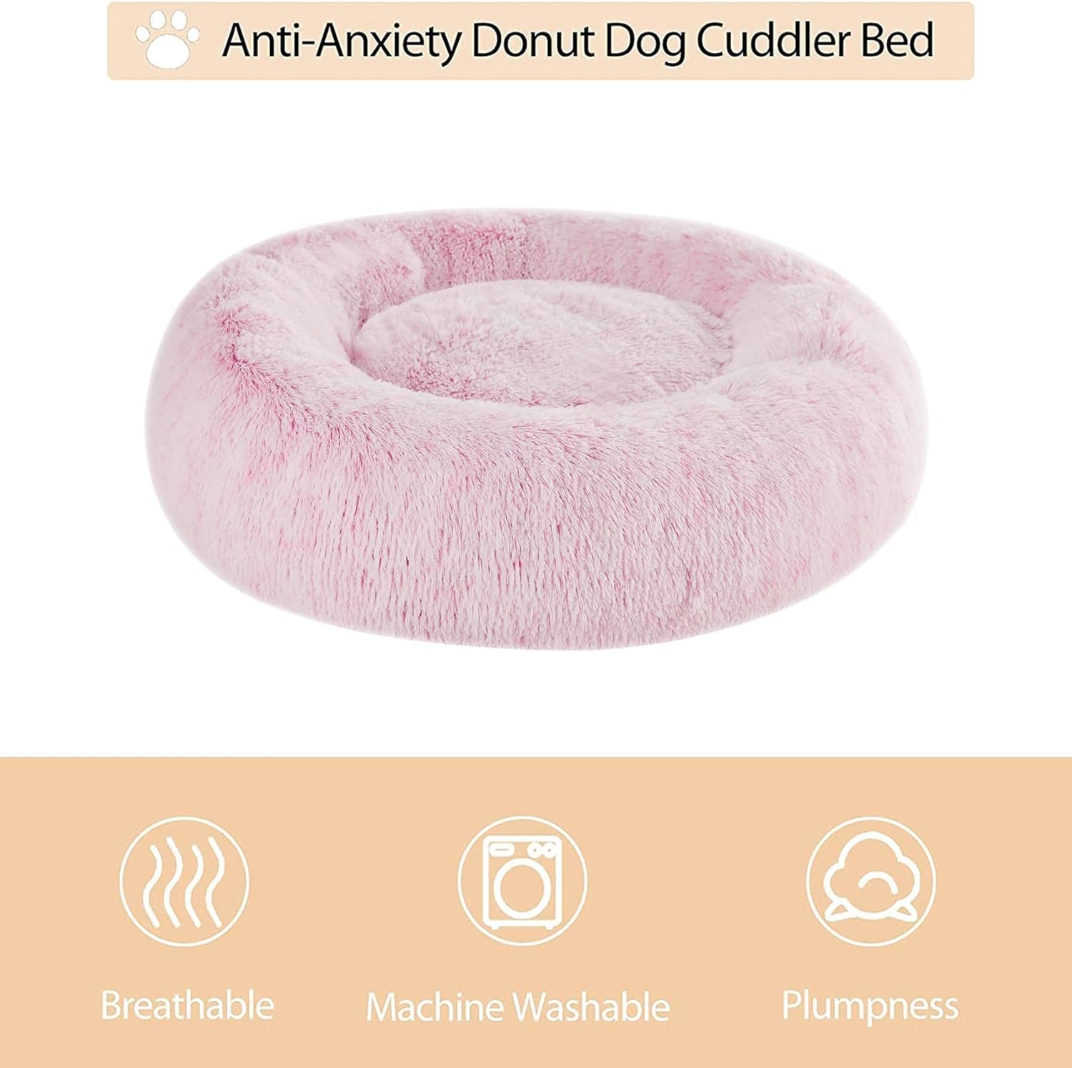 WNPETHOME Calming Dog Bed Cat Bed Donut, Faux Fur Pet Bed Self-Warming Donut Cuddler, Comfortable Round Plush Dog Beds (20 x 20 x 8 Inch, Light Pink) - Image 3