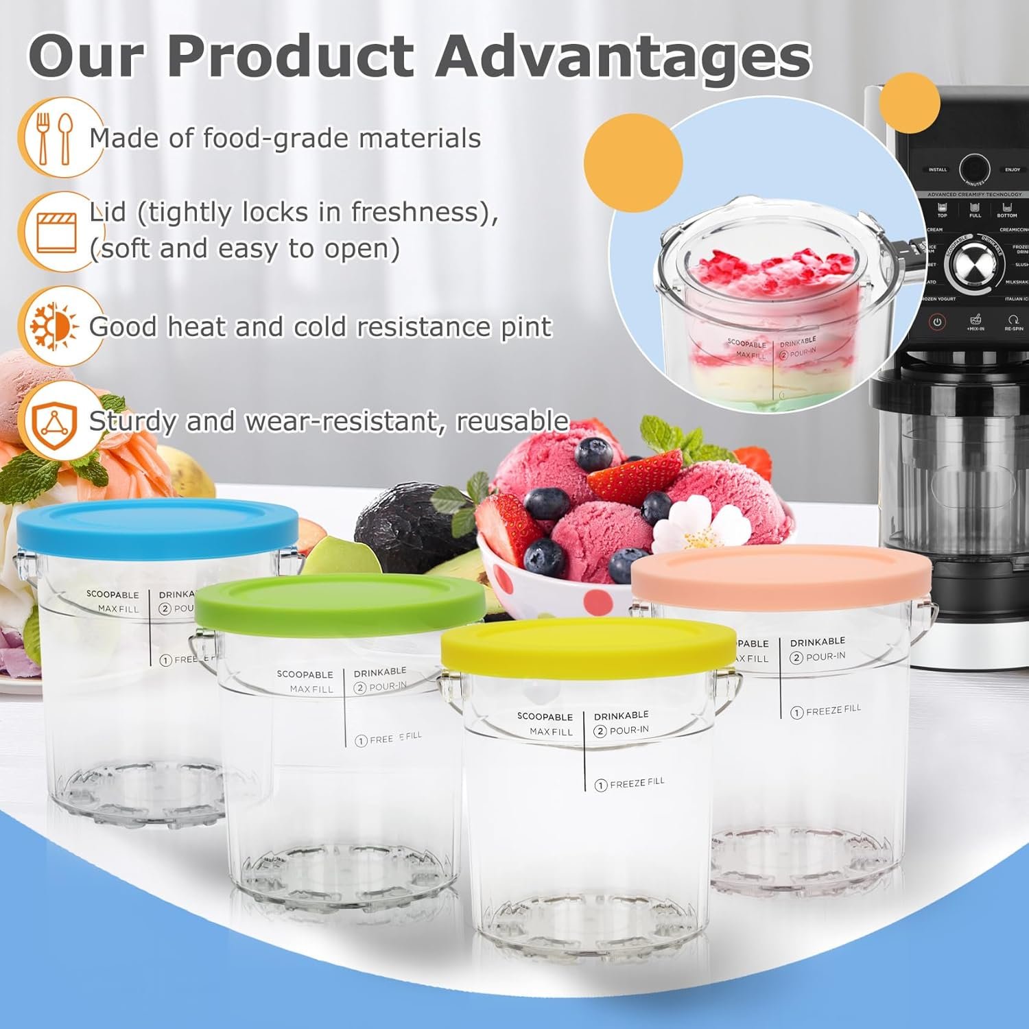 Soobool For Ninja Creami Deluxe Pints- 4 Pack, NC500 NC501 Ice Cream Pint fit for Ninja Delux Ice Cream Maker, For Ninja Creami Deluxe Containers Hold 24 Ounces of Food, Dishwasher Safe - Image 3