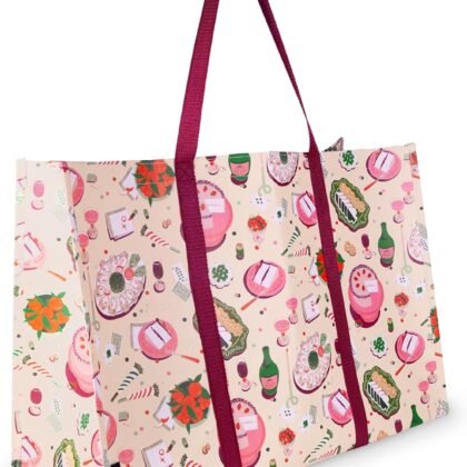 kate spade new york Reusable Grocery Tote Bag, Pink & Green Large Collapsible Oversized Shopping Bag (Festive Party)