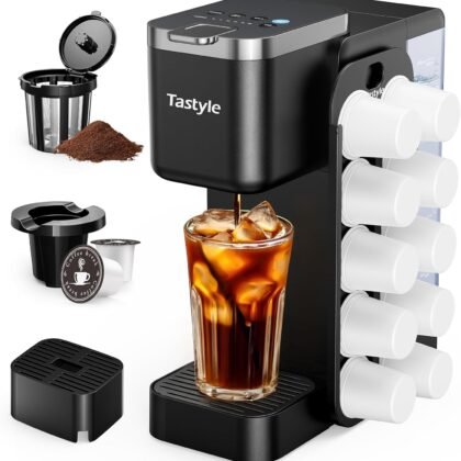 Hot & Iced Coffee Maker with Magnetic K-Pod Organizer (Pods Not Included), Stores 10 Pods, 4-5 Cups Coffee Maker & Single-serve Brewer for K Cup & Grounds, 40oz Removable Water Tank, Black