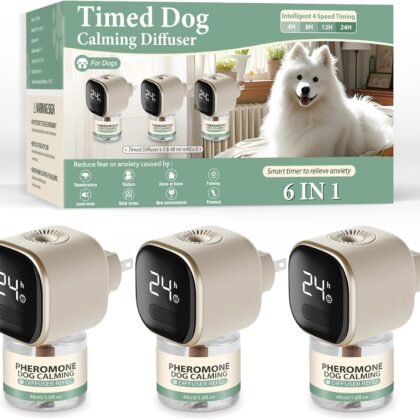 Dog Calming Pheromones Diffuser 6 in 1 Appeasing Relaxing Diffuser with Timing Function Pet Kit (3 Plug in +3 Refill 48ml) for Anxiety Relief Reduce Aggression Barking Fighting Stress (Tasteless)