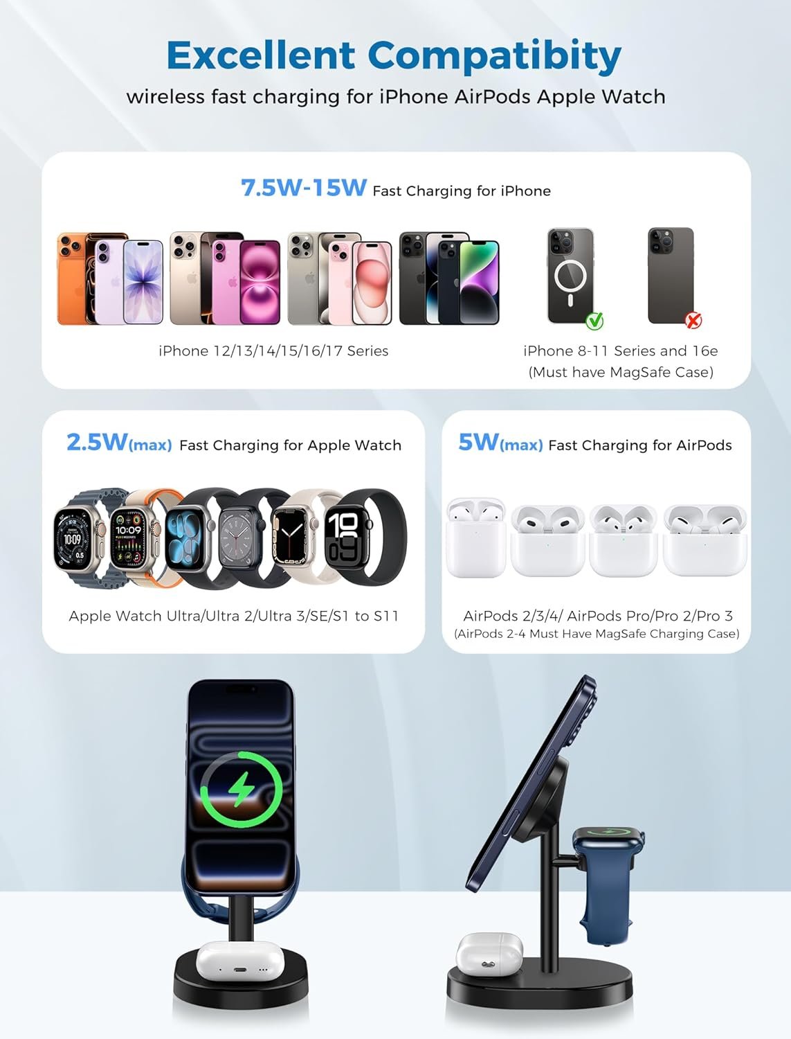 2026 3 in 1 Wireless Charging Station for Apple MagSafe Charger, 15W Fast Magnetic Mag-Safe Charger Stand for iPhone 17 16 15 14 13 12 Apple Watch AirPods Series, Gifts for Men - Image 2