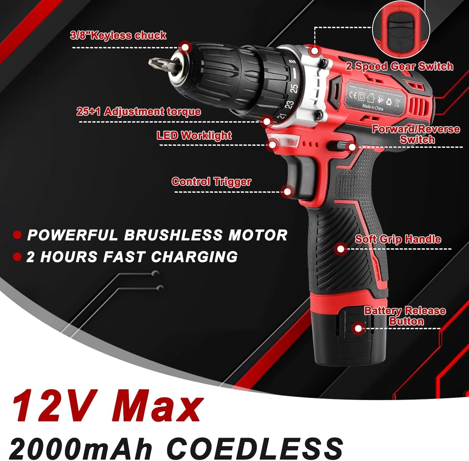 TLGREEN Complete Home Tool Kit with 12V Cordless Drill & Magnetic Bits | 138Pcs All-in-One Set for DIY, Repairs & Assembly | Durable Case & Fast Charging | Ideal for New Homeowners | Red - Image 5