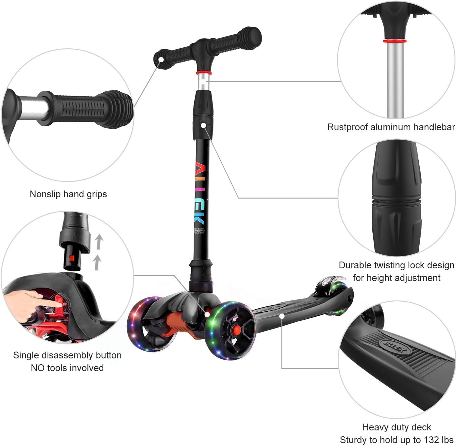 Allek Kick Scooter B02, Lean 'N Glide Scooter with Extra Wide PU Light-Up Wheels and 4 Adjustable Heights for Children from 3-12yrs (Black) - Image 2